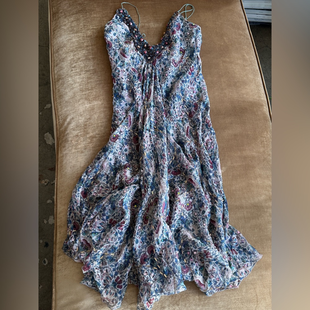 Vintage Bohemian Camisole style Embellished beaded Silk chiffon Dress floral
